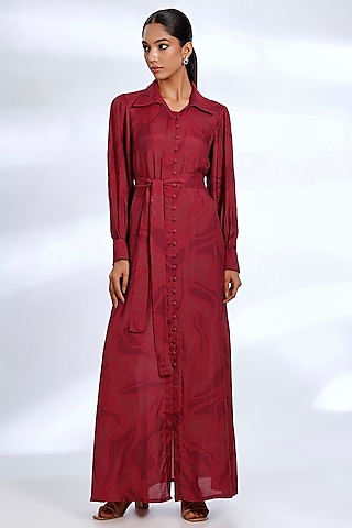 Red & Pink Muslin Cotton Silk Floral Printed Shirt Dress by Koai