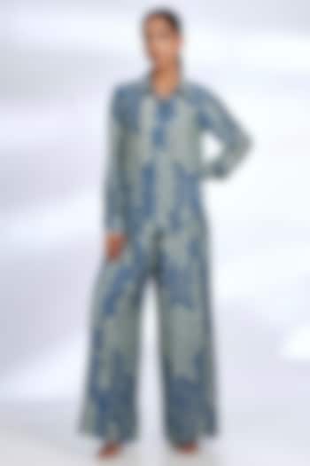Aqua Blue Muslin Cotton Silk Chevron Digital Printed Co-Ord Set by Koai at Pernia's Pop Up Shop