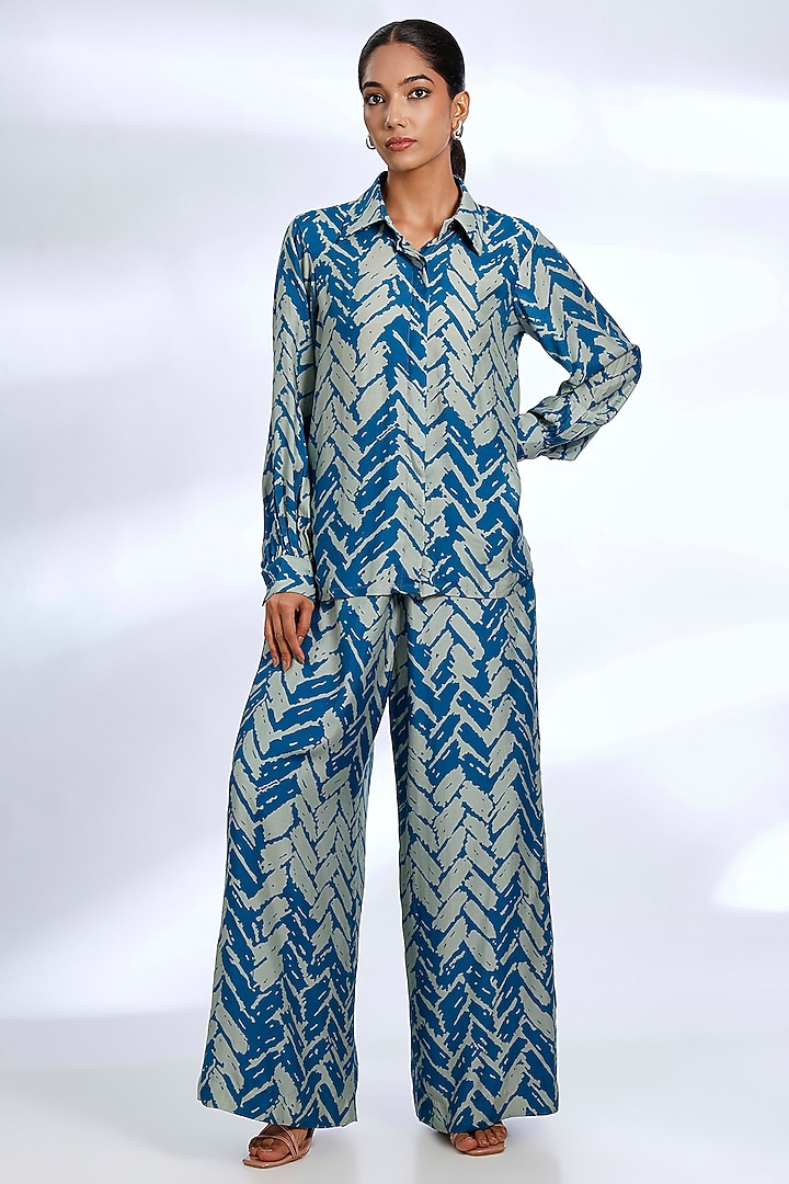 Aqua Blue Muslin Cotton Silk Chevron Digital Printed Co-Ord Set by Koai at Pernia's Pop Up Shop
