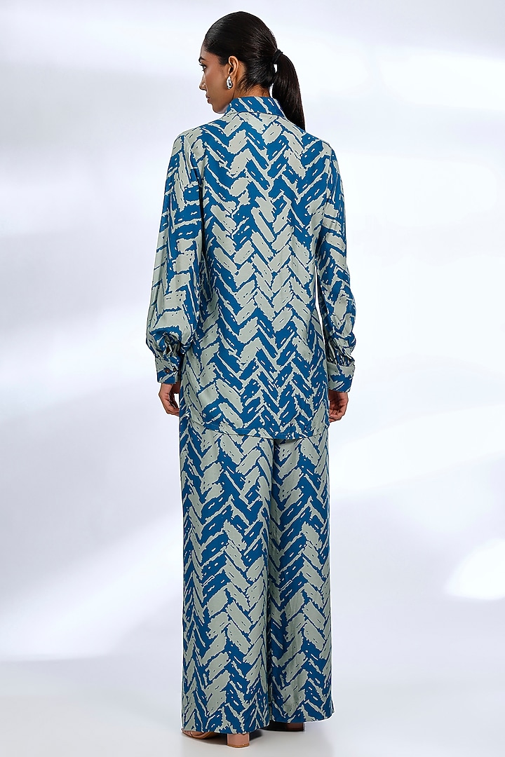 Aqua Blue Muslin Cotton Silk Chevron Digital Printed Co-Ord Set by Koai at Pernia's Pop Up Shop