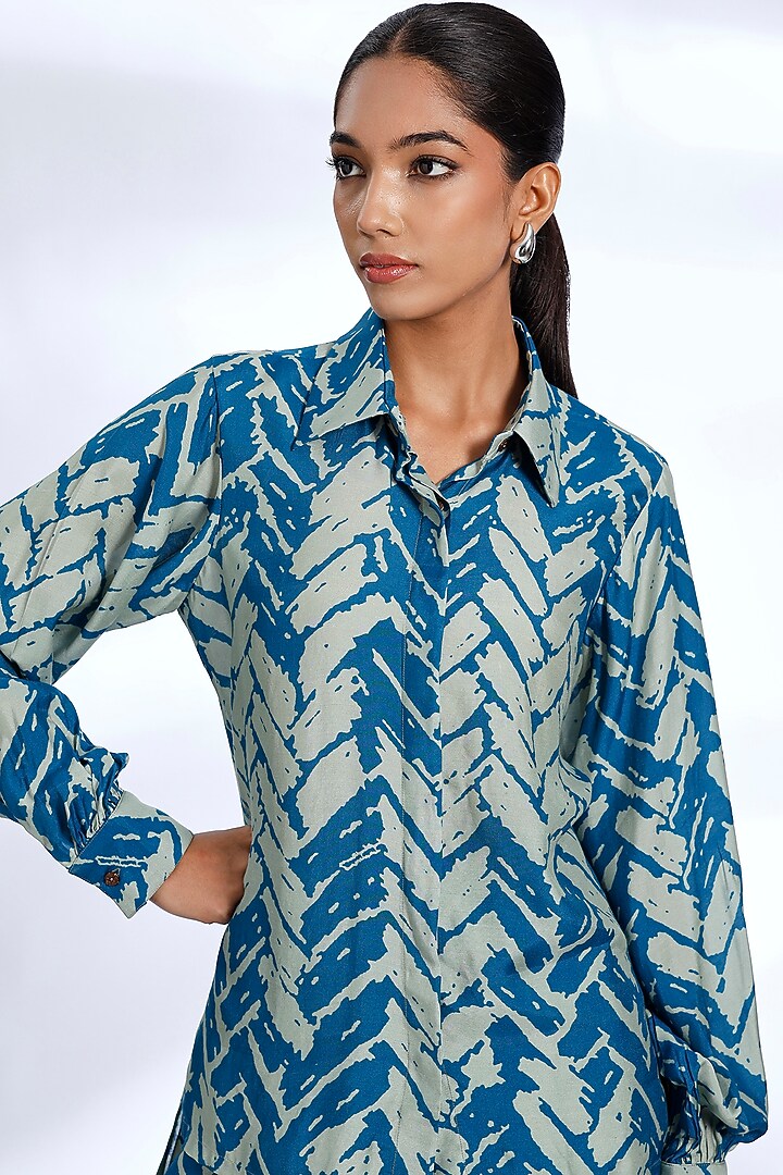 Aqua Blue Muslin Cotton Silk Chevron Digital Printed Co-Ord Set by Koai at Pernia's Pop Up Shop