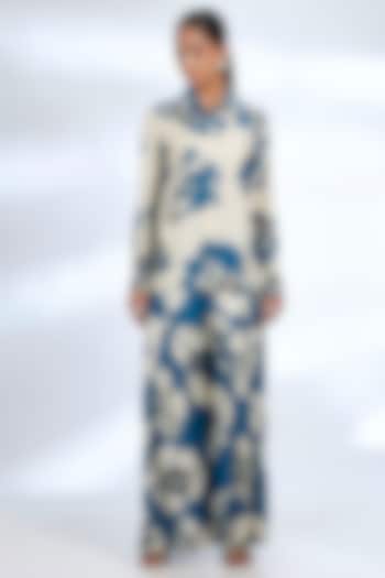 White & Blue Muslin Cotton Silk Floral Printed Co-Ord Set by Koai at Pernia's Pop Up Shop