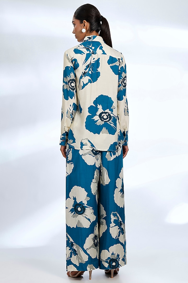 White & Blue Muslin Cotton Silk Floral Printed Co-Ord Set by Koai at Pernia's Pop Up Shop