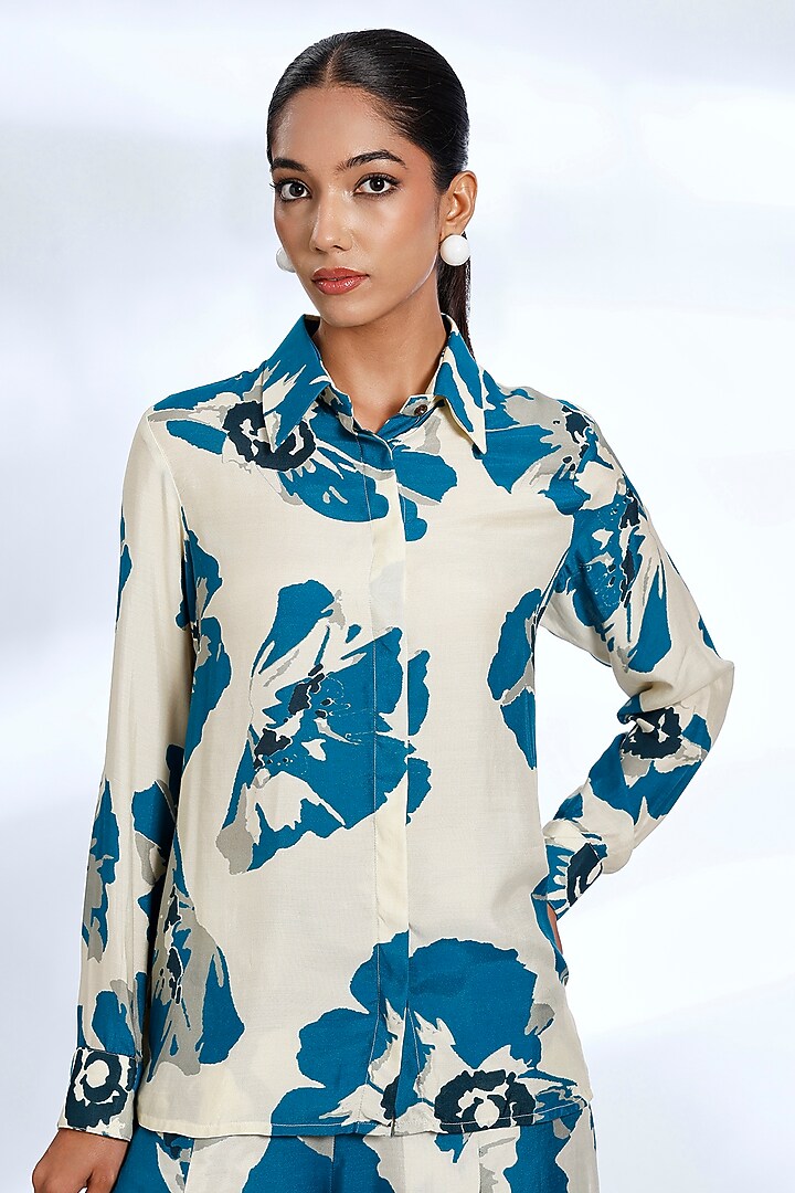 White & Blue Muslin Cotton Silk Floral Printed Co-Ord Set by Koai at Pernia's Pop Up Shop