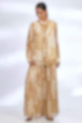 Beige & Mustard Georgette Chevron Printed Co-Ord Set by Koai at Pernia's Pop Up Shop