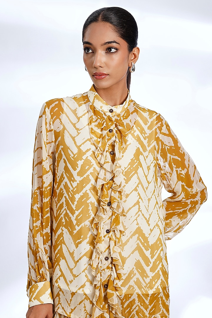 Beige & Mustard Georgette Chevron Printed Co-Ord Set by Koai at Pernia's Pop Up Shop
