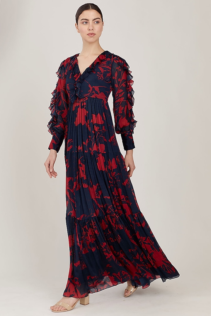 Blue & Red Floral Maxi Dress Design by Koai at Pernia's Pop Up Shop 2023