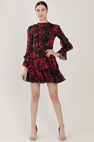 Dark Green & Red Floral Mini Dress by Koai