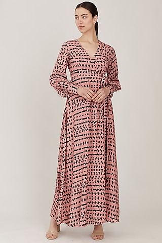 Pink & Dark Green Abstract Wrap Dress by Koai