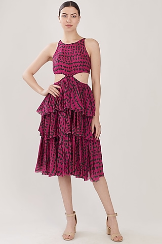 Pink & Dark Green Abstract Dress With Frills by Koai