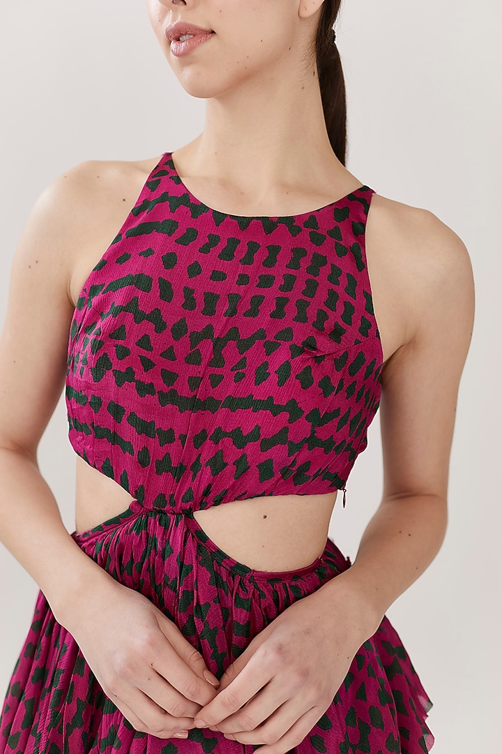 Pink & Dark Green Abstract Vacation Dress With Frills by Koai at Pernia's Pop Up Shop