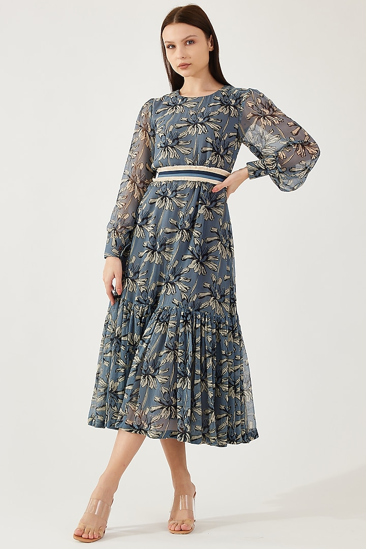 Blue & Cream Chiffon Floral Printed Midi Dress by Koai at Pernia's Pop Up Shop