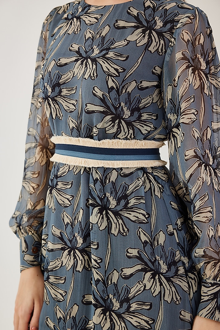Blue & Cream Chiffon Floral Printed Midi Vacation Dress by Koai at Pernia's Pop Up Shop