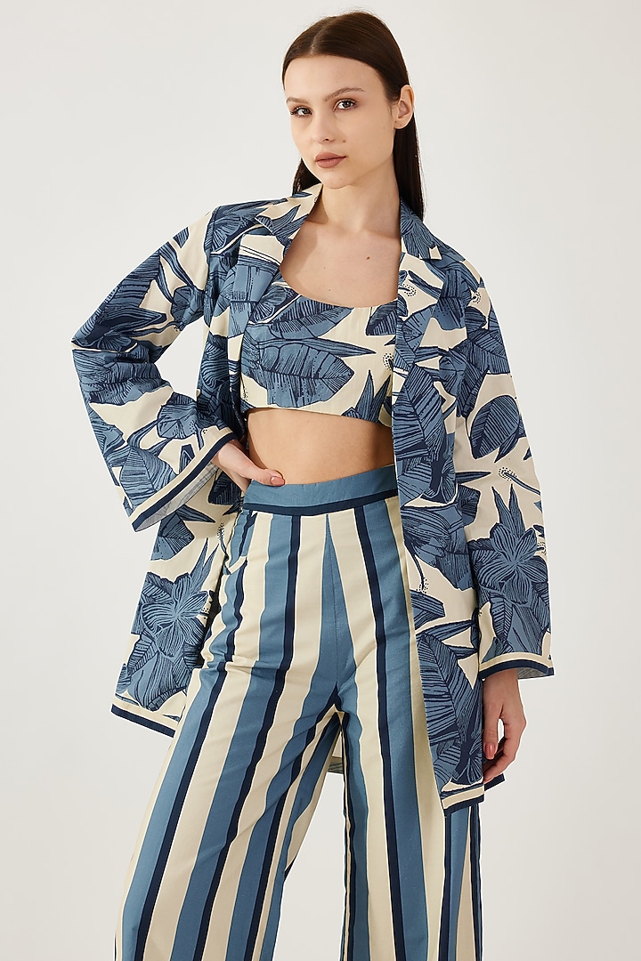 White & Blue Cotton Silk Floral Printed Bustier by Koai at Pernia's Pop Up Shop