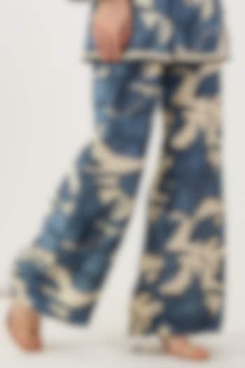 Blue & Cream Cotton Silk Floral Printed Pants by Koai