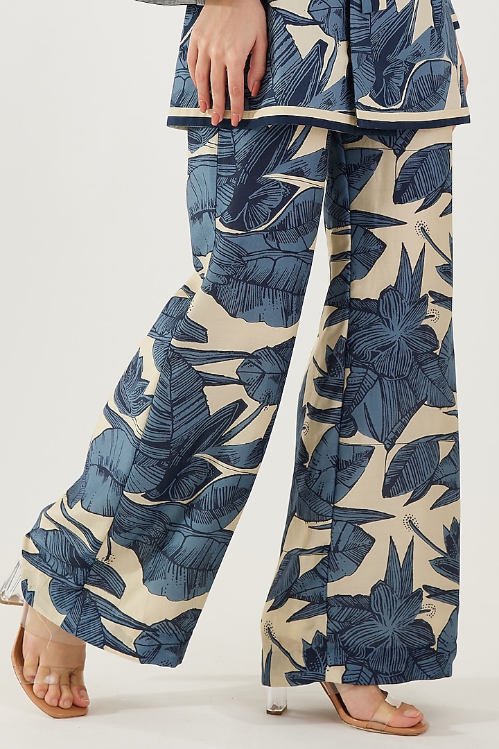 Blue & Cream Cotton Silk Floral Printed Pants by Koai