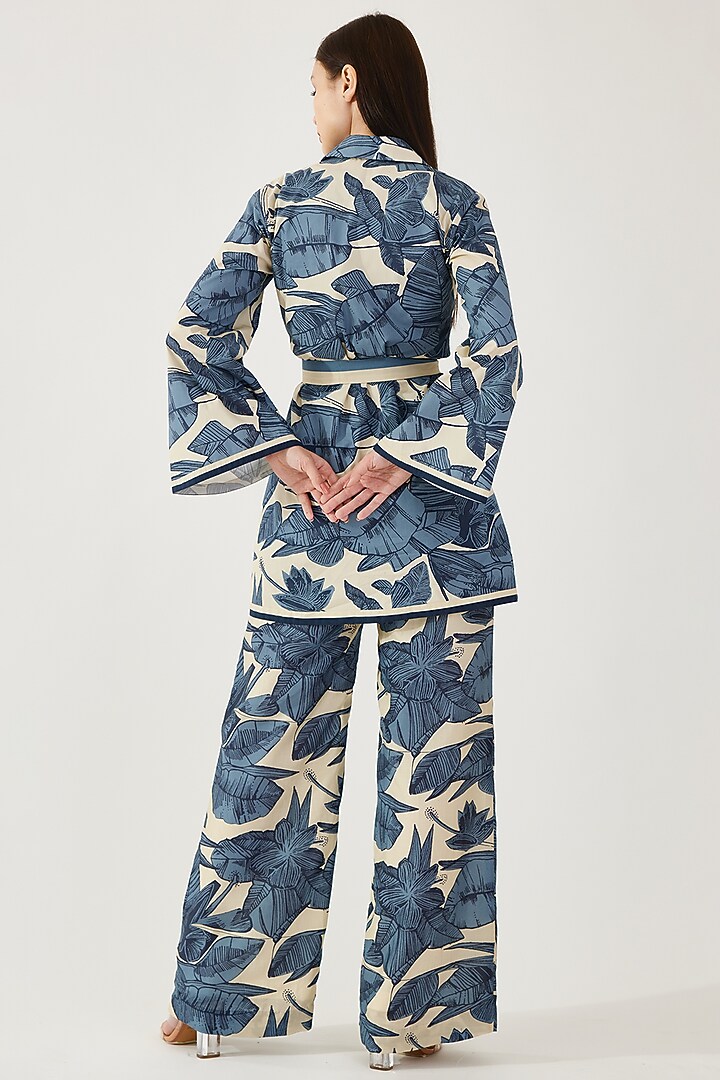 Blue & Cream Cotton Silk Floral Printed Pants by Koai at Pernia's Pop Up Shop