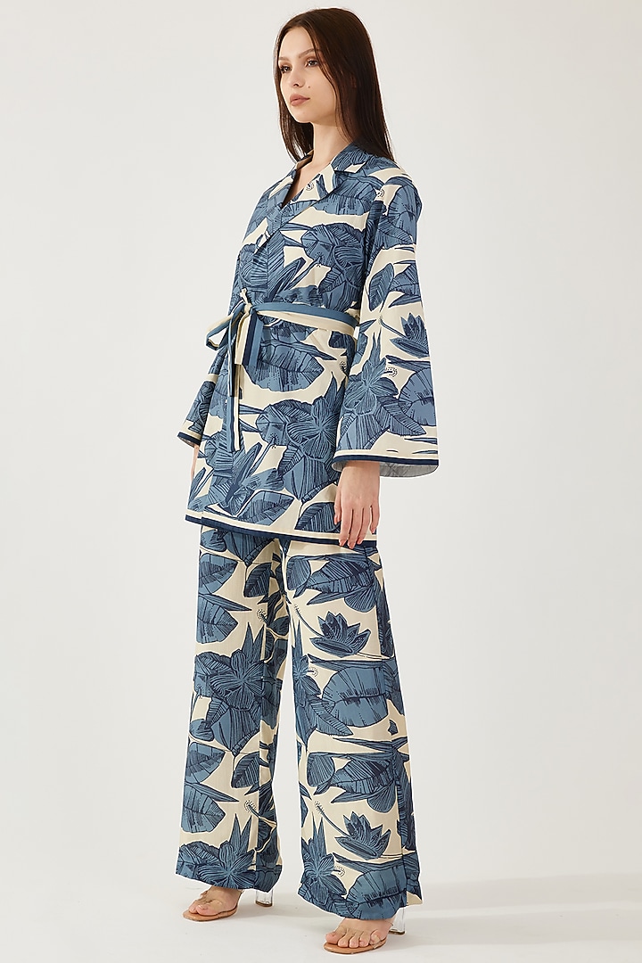 Blue & Cream Cotton Silk Floral Printed Pants by Koai at Pernia's Pop Up Shop