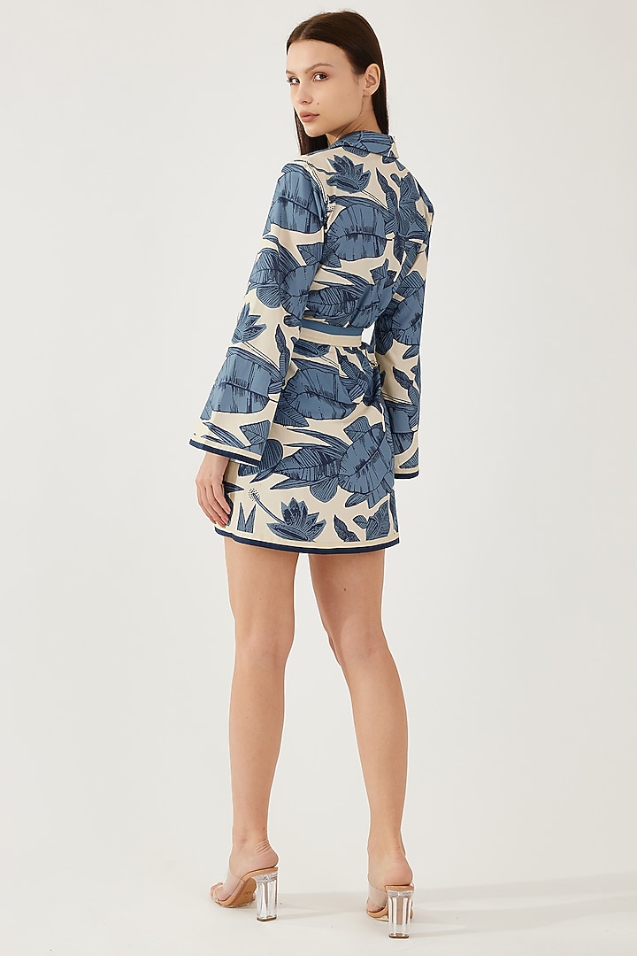 White & Blue Poplin Cotton Floral Printed Jacket by Koai at Pernia's Pop Up Shop