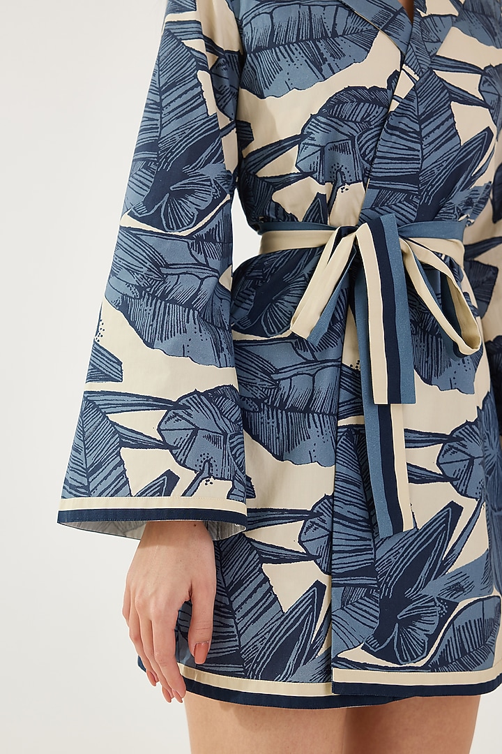White & Blue Poplin Cotton Floral Printed Jacket by Koai at Pernia's Pop Up Shop