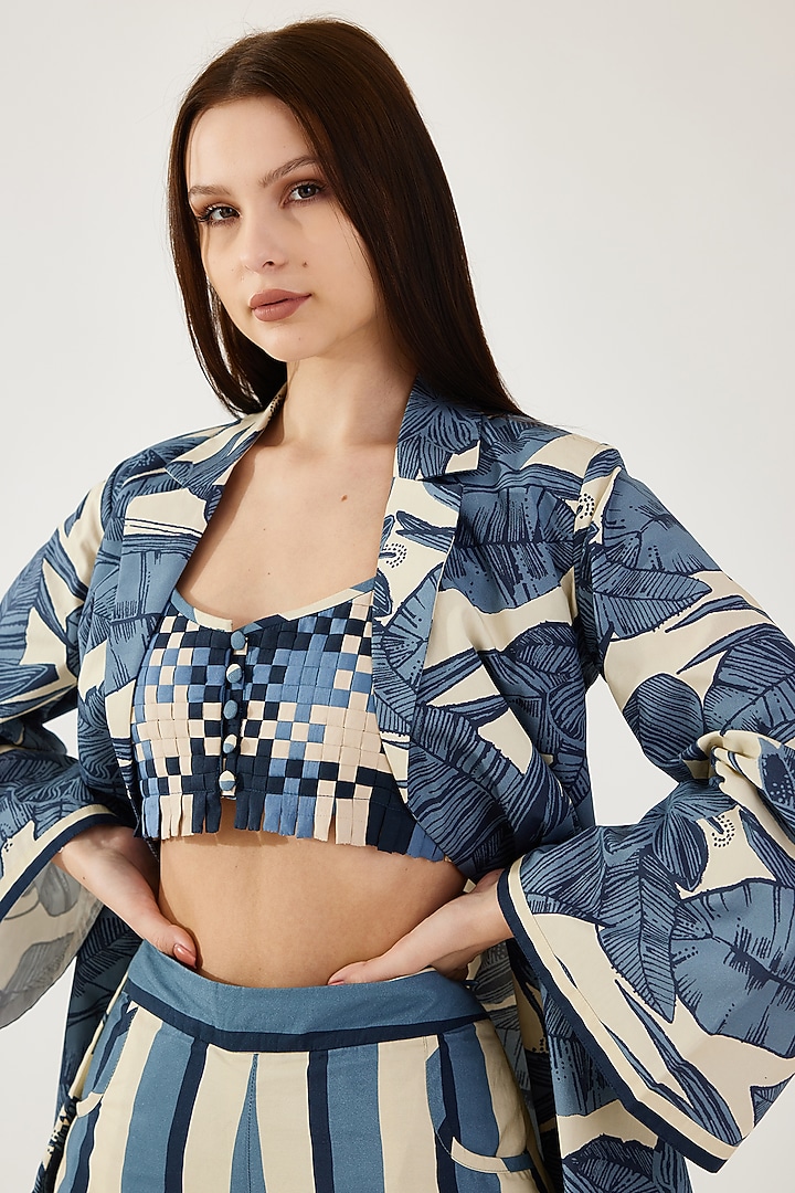 White & Blue Poplin Cotton Printed Bustier by Koai at Pernia's Pop Up Shop