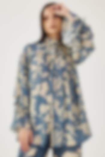 Sky Blue & Cream Cotton Silk Printed Shirt by Koai