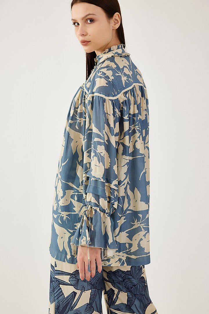 Sky Blue & Cream Cotton Silk Printed Shirt by Koai at Pernia's Pop Up Shop