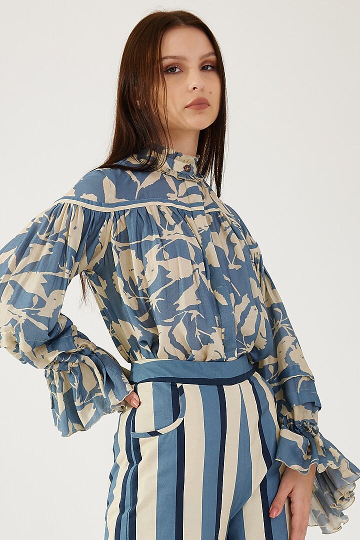 Sky Blue & Cream Cotton Silk Printed Shirt by Koai at Pernia's Pop Up Shop