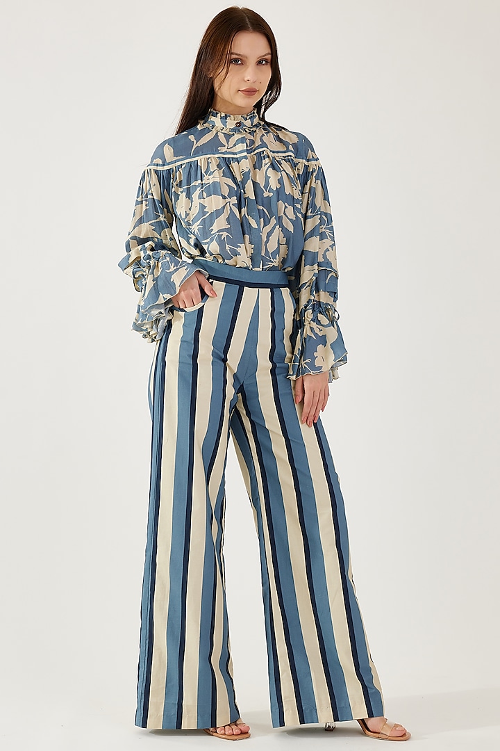 Sky Blue & Cream Cotton Silk Striped Pants by Koai