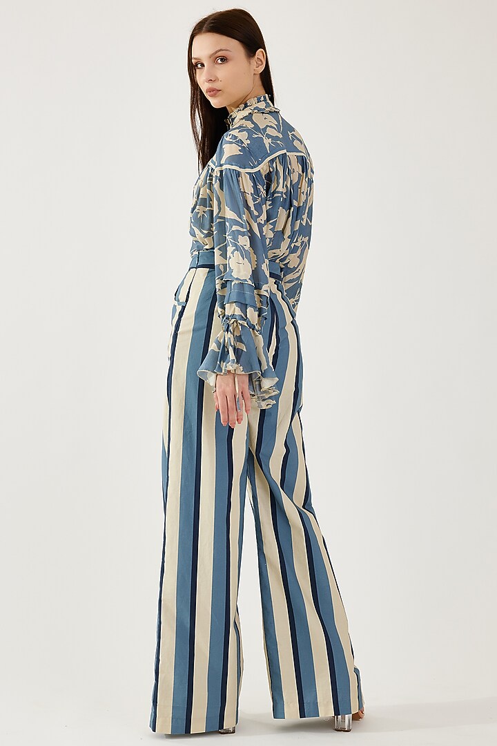 Sky Blue & Cream Cotton Silk Striped Pants by Koai at Pernia's Pop Up Shop
