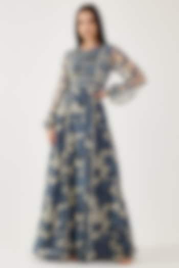 Blue & Cream Chiffon Embroidered Maxi Dress by Koai