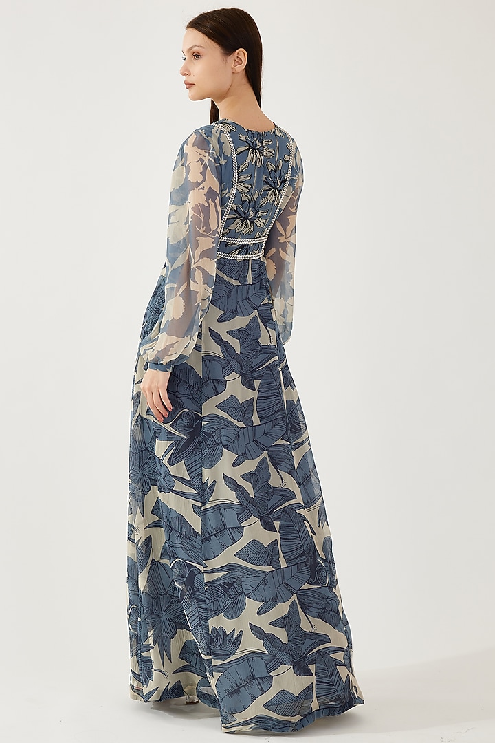 Blue & Cream Chiffon Embroidered Maxi Vacation Dress by Koai at Pernia's Pop Up Shop