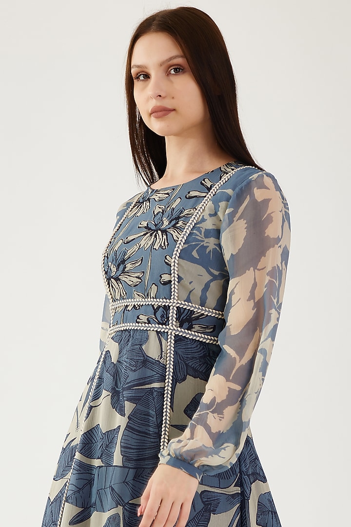 Blue & Cream Chiffon Embroidered Maxi Vacation Dress by Koai at Pernia's Pop Up Shop