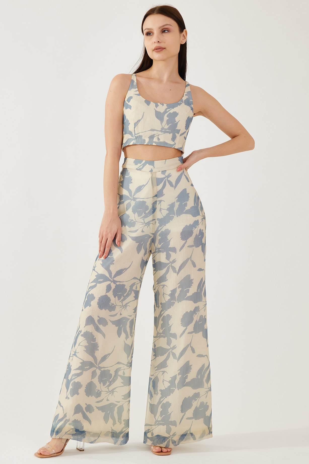 Cream & Blue Chiffon Floral Printed Pants Design by Koai at