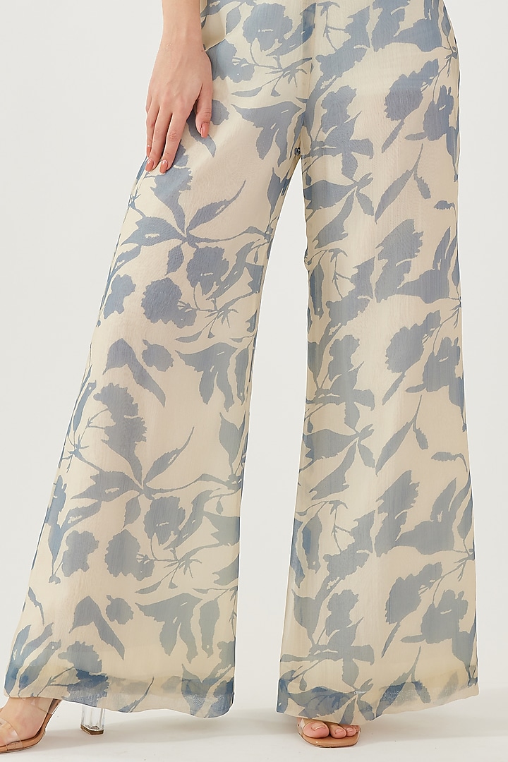 Cream & Blue Chiffon Floral Printed Pants by Koai at Pernia's Pop Up Shop