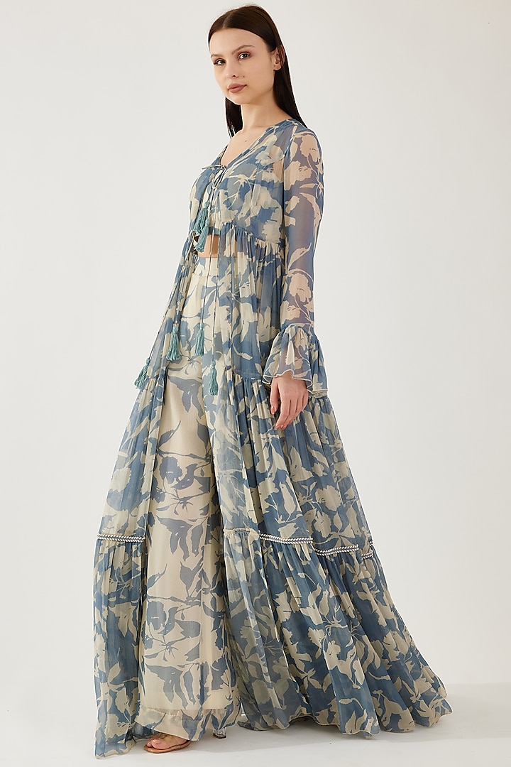 Cream & Blue Chiffon Floral Printed Cape by Koai at Pernia's Pop Up Shop