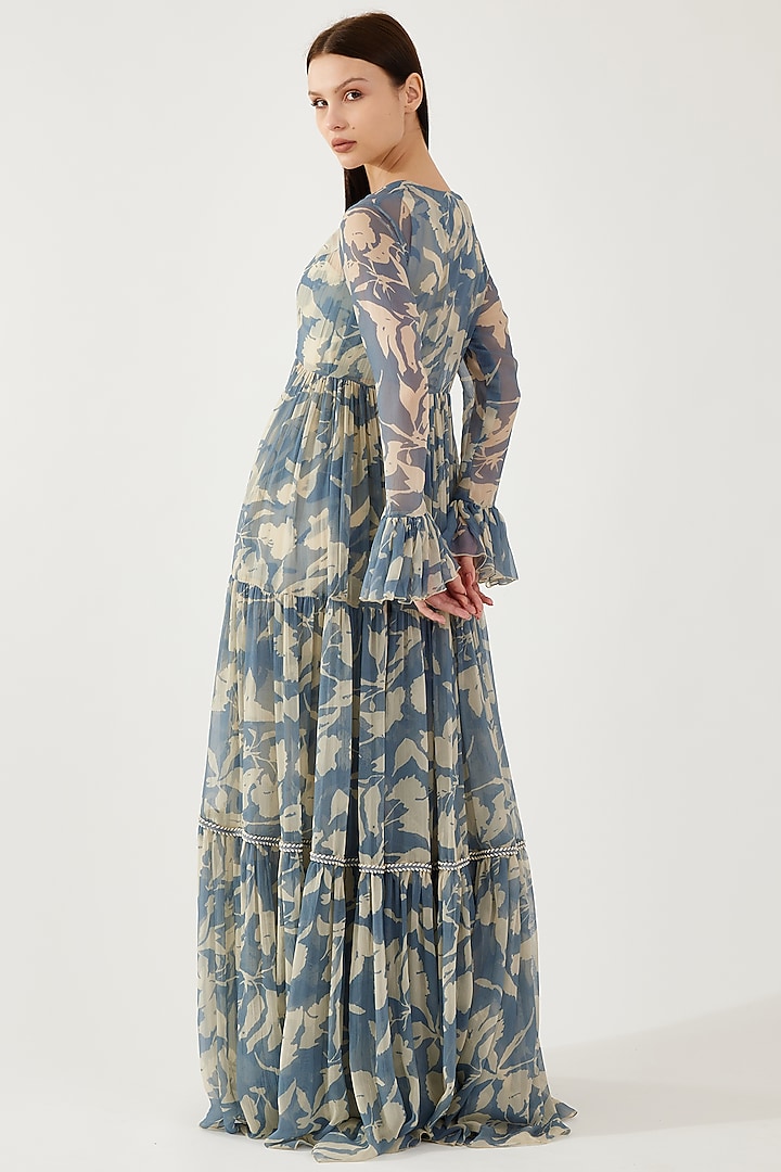 Cream & Blue Chiffon Floral Printed Cape by Koai at Pernia's Pop Up Shop