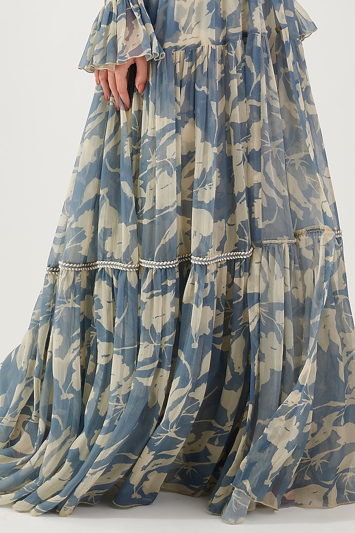 Cream & Blue Chiffon Floral Printed Cape by Koai at Pernia's Pop Up Shop