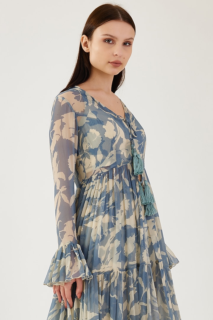 Cream & Blue Chiffon Floral Printed Cape by Koai at Pernia's Pop Up Shop