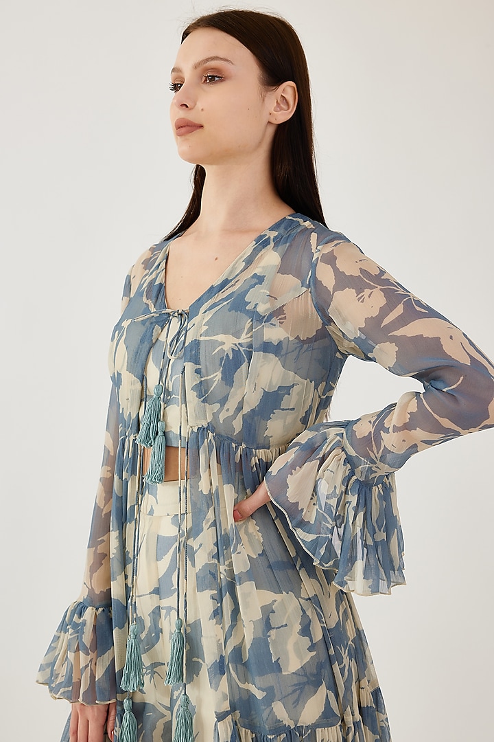Cream & Blue Chiffon Floral Printed Cape by Koai at Pernia's Pop Up Shop