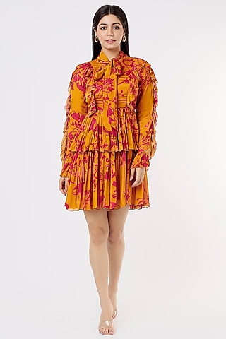 Mustard & Dark Pink Printed Dress by Koai