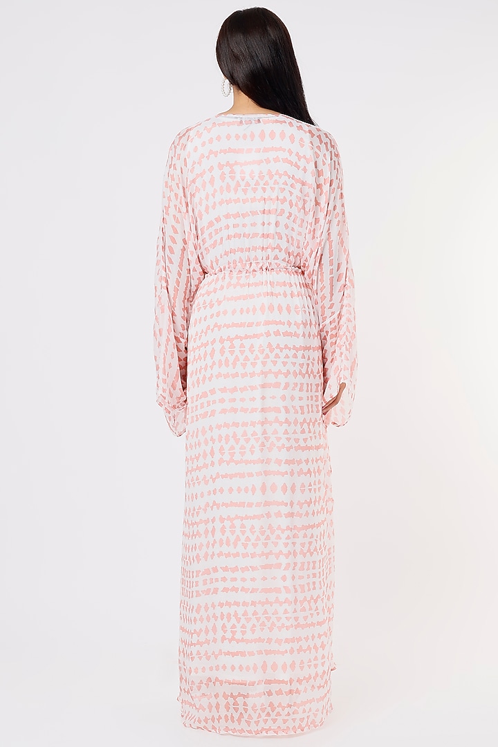 White & Pink Abstract Printed Kaftan by Koai at Pernia's Pop Up Shop
