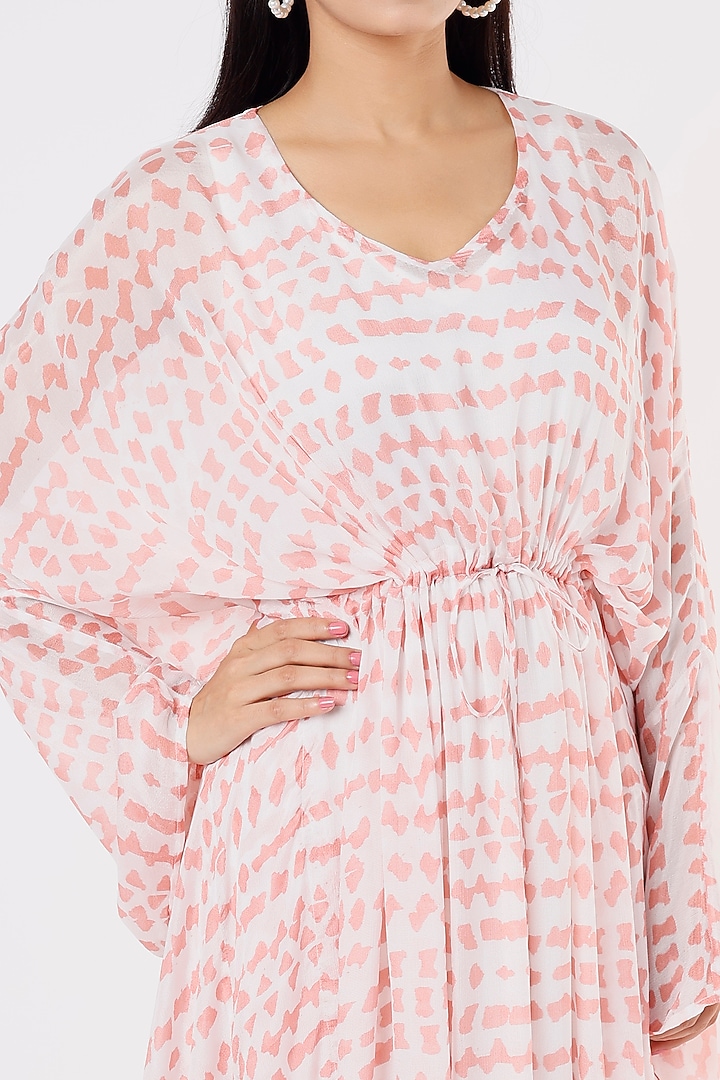White & Pink Abstract Printed Kaftan by Koai at Pernia's Pop Up Shop