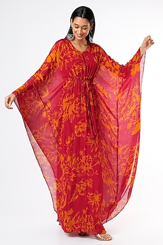 Dark Pink & Mustard Chiffon Kaftan by Koai