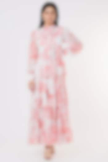 White & Pink Chiffon Floral Dress by Koai