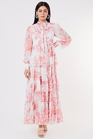 White & Pink Chiffon Floral Dress by Koai