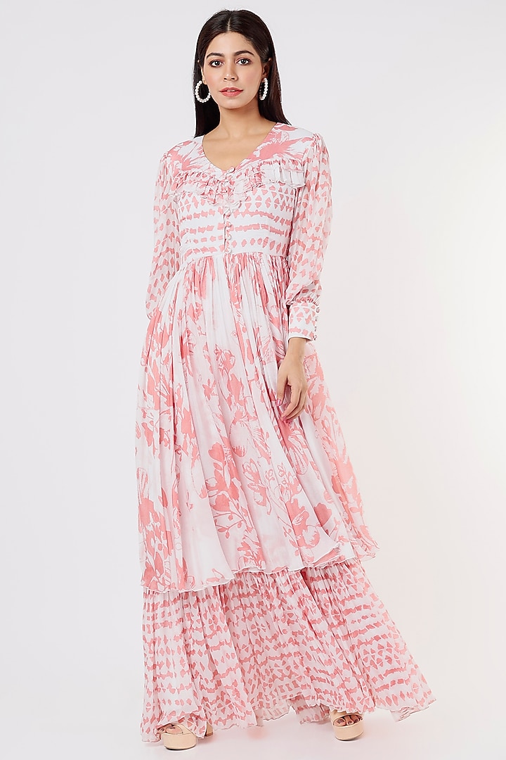 White & Pink Chiffon Printed Dress by Koai
