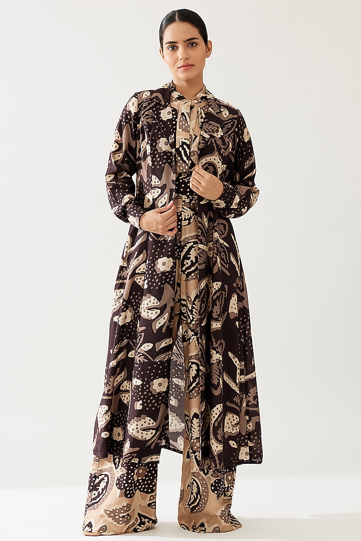 Dark Brown & Cream Cotton Silk Floral Cape by Koai at Pernia's Pop Up Shop