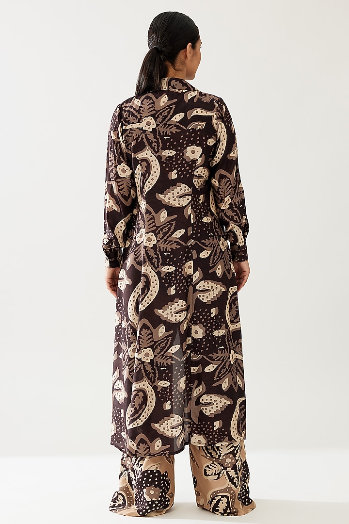 Dark Brown & Cream Cotton Silk Floral Cape by Koai at Pernia's Pop Up Shop