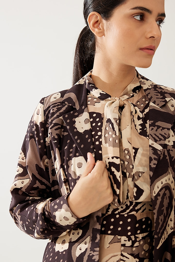 Dark Brown & Cream Cotton Silk Floral Cape by Koai at Pernia's Pop Up Shop